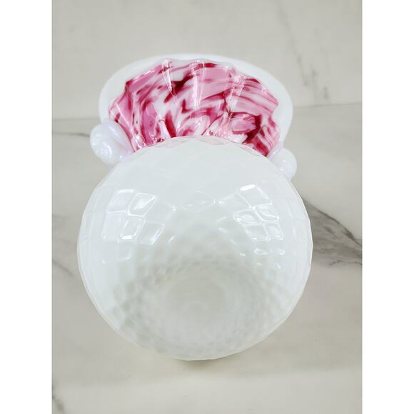 Vase Ruffled Rime w/ Face on Handle 11" Art Milk Glass Basket 80's White Pink - Picture 14 of 16